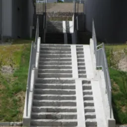 Schody kamienne z szarego granitu z metalową barierką i dwoma pasami dla wózków, prowadzące do budynku z szarymi żaluzjami.