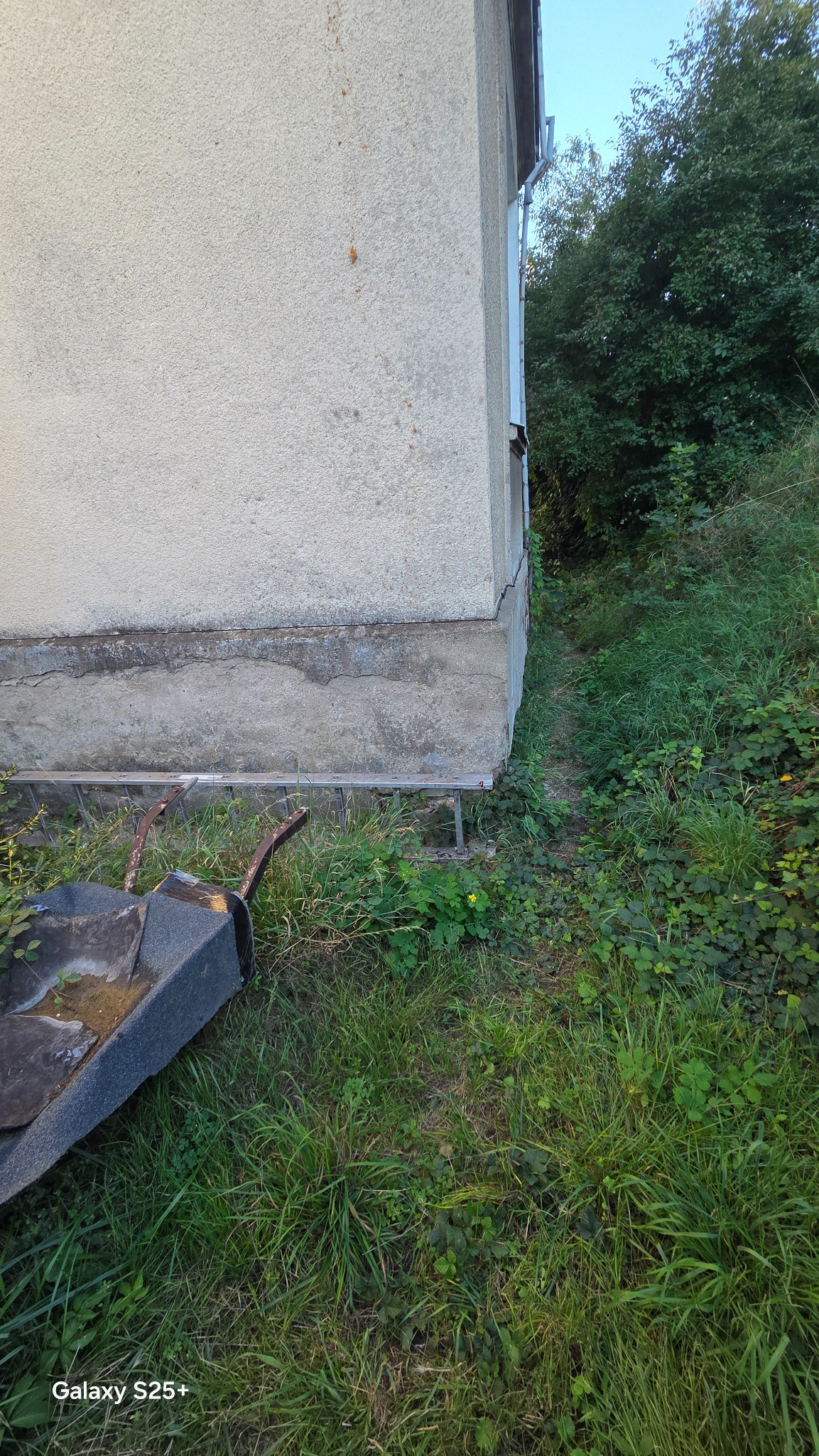 Narożnik budynku z widocznymi pęknięciami na fundamencie, drabina i taczka. Otoczenie: trawa i zieleń. Niewyraźne oznaki wilgoci na ścianie.