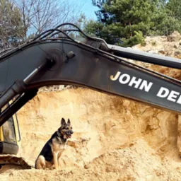 Owczarek niemiecki siedzi na pryzmie piasku pod ramieniem koparki John Deere na tle wykopu w piasku.