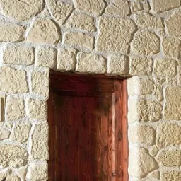 Ściana wykończona nieregularnym kamieniem dekoracyjnym w odcieniach beżu, otaczająca drewniane drzwi z widocznymi słojami. Jasna fuga podkreśla naturalny charakter kamienia.