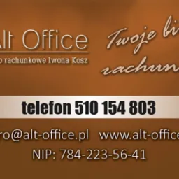 Logo firmy Alt Office, biuro rachunkowe Iwona Kosz, z numerem telefonu, adresem email i NIP, na brązowym tle.