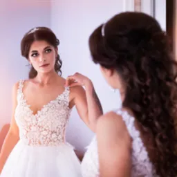 Panna młoda w koronkowej sukni ślubnej, spoglądająca w lustro, z widocznym tatuażem na ramieniu.