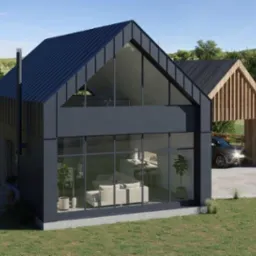 Wizualizacja nowoczesnego domu z ciemną elewacją, dużymi oknami, drewnianą wiatą garażową i tarasem z meblami ogrodowymi, w tle pagórkowaty krajobraz.