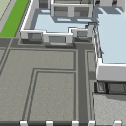 Projekt zagospodarowania terenu z kostki brukowej wokół domu z basenem, widok z góry.