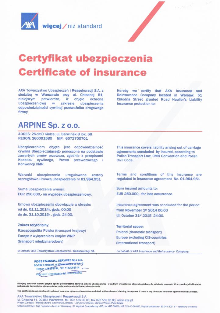Certyfikat ubezpieczenia AXA dla firmy ARPINE Sp. z o.o. Dokument dwujęzyczny (polski i angielski) z informacjami o zakresie, sumie i okresie obowiązywania polisy OC przewoźnika.