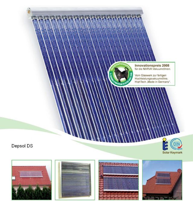Słoneczny kolektor próżniowy Depsol DS 20 z nagrodą Innovationspreis 2008 za wysokowydajne rury próżniowe, wyprodukowany w Niemczech, z certyfikatem Solar Keymark, prezentowany z trzema przykładami...