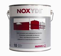 Puszka farby antykorozyjnej Noxyde z widocznymi ilustracjami zastosowania na zbiornikach i elementach stalowych, na białym tle.