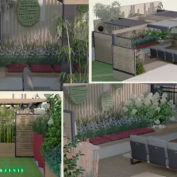 Wizualizacja projektu zagospodarowania przestrzeni na tarasie z elementami zieleni, w tym bambusami, trawami ozdobnymi, hortensjami i pnączami, z drewnianymi elementami zabudowy i meblami...