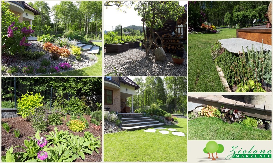 Kompozycja kolażu z sześciu ujęć ogrodu: rabaty kwiatowe z kamieniami, warzywnik w drewnianych skrzyniach, trawnik z kamiennymi ścieżkami, drewniane schody i logo firmy 'Zielone Marzenie'.