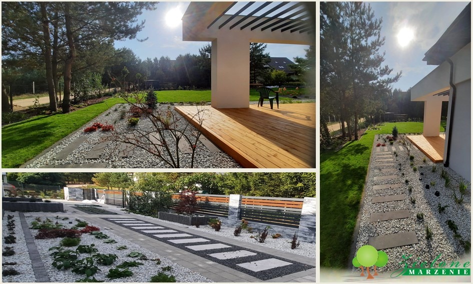 Kompozycja ogrodu z drewnianym tarasem, ścieżką z kamieni i rabatami z roślin ozdobnych, widziana z różnych perspektyw.