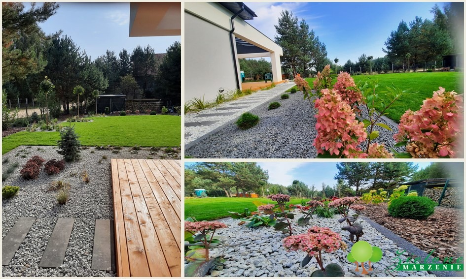 Kompozycja czterech ujęć ogrodu: trawnik z drzewami, ścieżka z kamieni i hortensji przy budynku, drewniany taras z kamienną ścieżką, rabata z rozchodnikami i dekoracyjną figurką jeża.