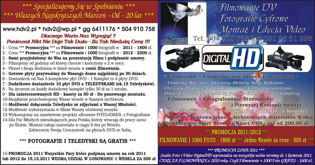 Ogłoszenie firmy oferującej filmowanie i fotografię cyfrową uroczystości, w tym wesel, z informacjami kontaktowymi, kamerami i logo Digital HD.