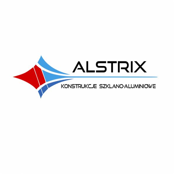 Logo firmy Alstrix, specjalizującej się w konstrukcjach szklano-aluminiowych, z abstrakcyjnym symbolem w kolorach czerwonym i niebieskim.