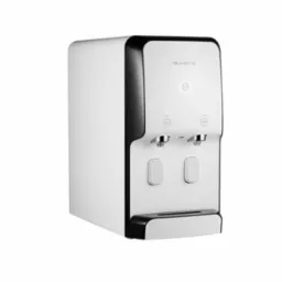 Nowoczesny, biało-czarny dystrybutor wody marki Ruhens z dwoma kranikami i dotykowymi przyciskami, prezentowany na białym tle.