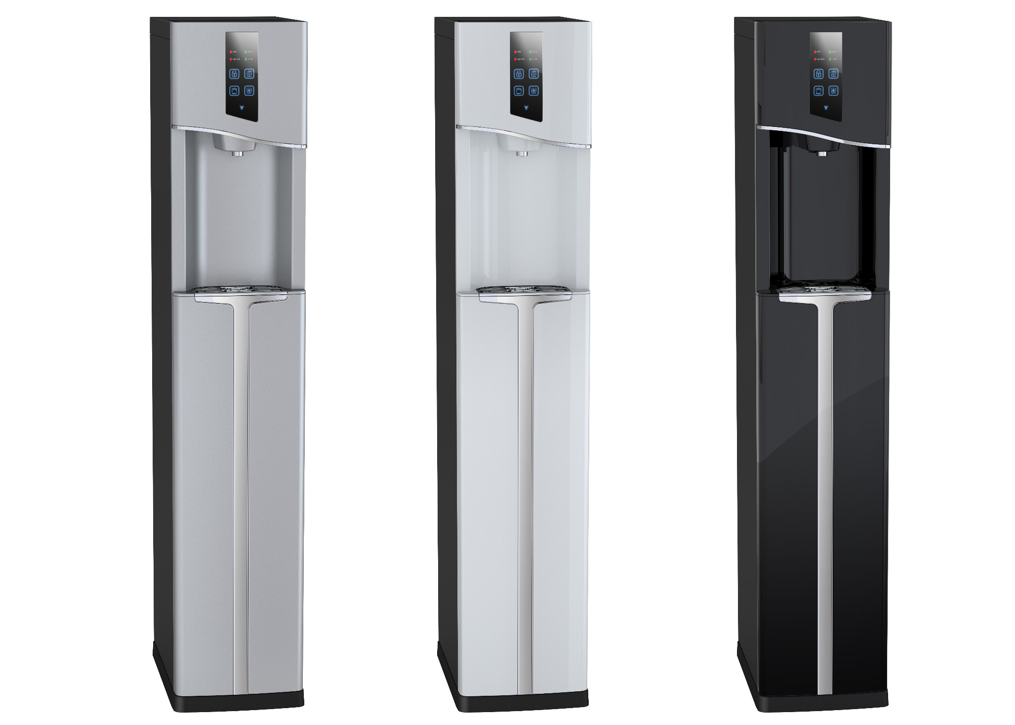 Trzy nowoczesne dystrybutory wody w kolorach srebrnym, białym i czarnym, z wyświetlaczami dotykowymi i metalowymi akcentami, ustawione obok siebie na białym tle.
