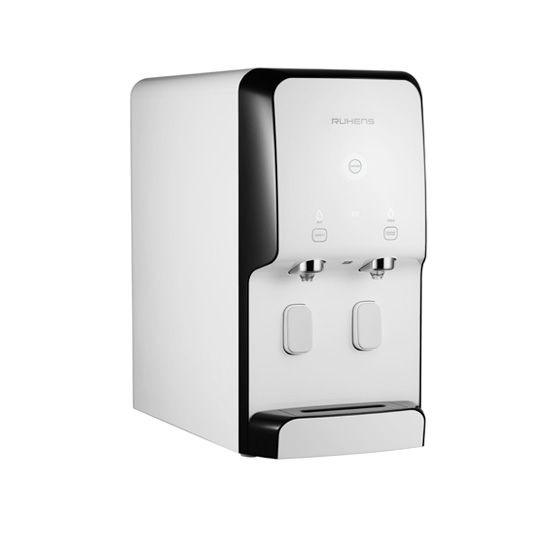 Nowoczesny, biało-czarny dystrybutor wody marki Ruhens z dwoma kranikami i dotykowymi przyciskami, prezentowany na białym tle.