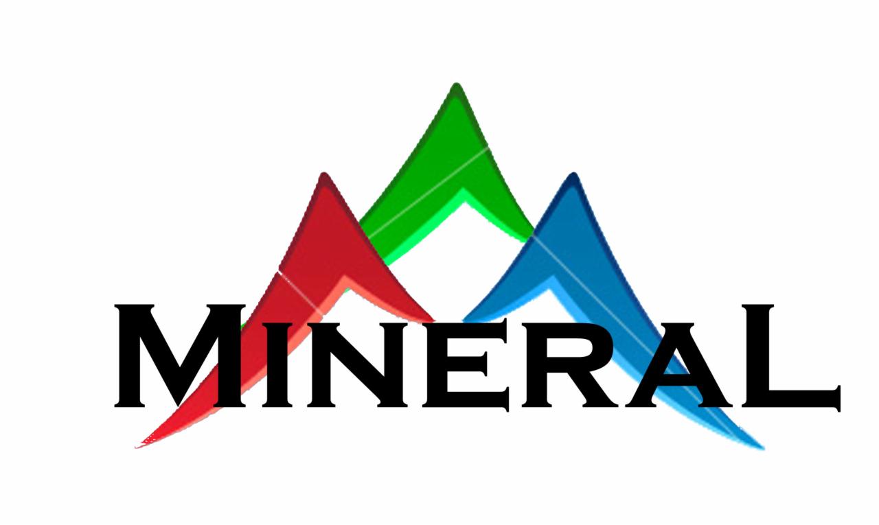 Logo firmy 'Mineral' z trzema stylizowanymi szczytami gór w kolorach czerwonym, zielonym i niebieskim, umieszczonymi nad napisem 'MINERAL' w czcionce szeryfowej.