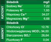 Szczegółowy skład chemiczny wody mineralnej przedstawiony w formie tabeli z wartościami stężeń poszczególnych jonów, takich jak sód, potas, wapń, magnez, chlorki, wodorowęglany, siarczany i fluorki...