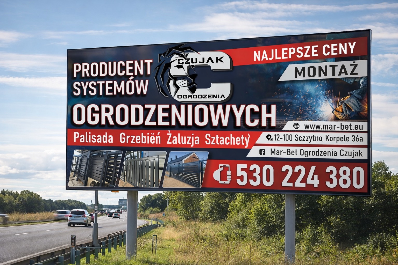 Billboard reklamujący producenta systemów ogrodzeniowych 'Czujak' z palisadami, żaluzjami i sztachetami. Widoczne zdjęcia realizacji i dane kontaktowe.