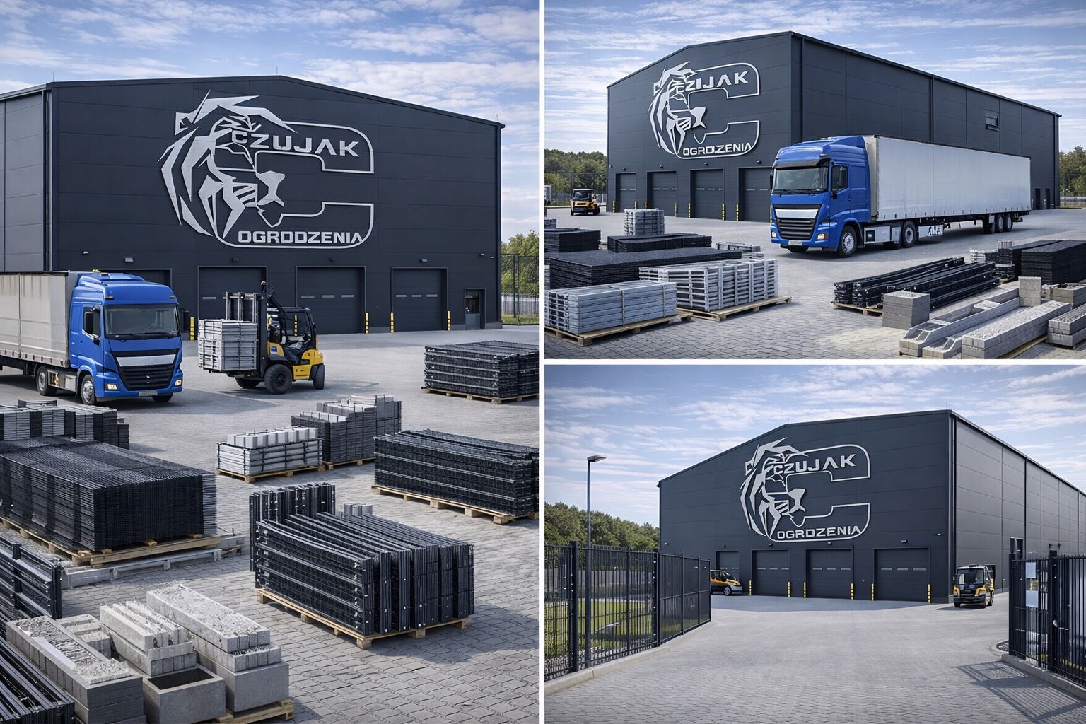 Fabryka ogrodzeń z logo firmy, zaplecze z materiałami: panele, podmurówki, siatki. W tle wózki widłowe i ciężarówka. Prezentacja firmy produkującej ogrodzenia.
