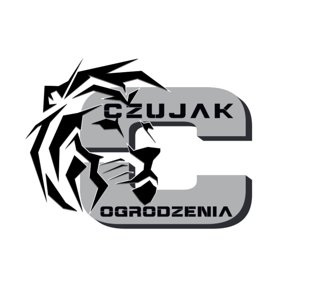 Logo firmy 'CZUJAK Ogrodzenia' z motywem lwa wkomponowanym w literę C. Czarno-biała grafika na białym tle, nowoczesny design.