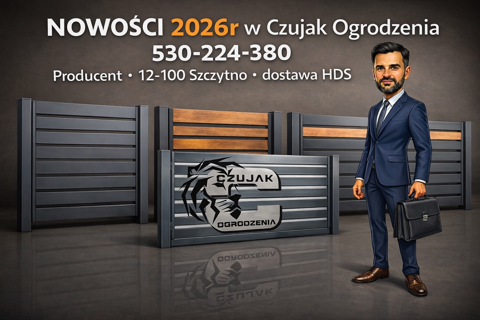 Nowoczesne panele ogrodzeniowe w odcieniach szarości i drewna, prezentowane z logo firmy CzujaK Ogrodzenia i postacią w garniturze. Nowości 2026r, producent, dostawa HDS.