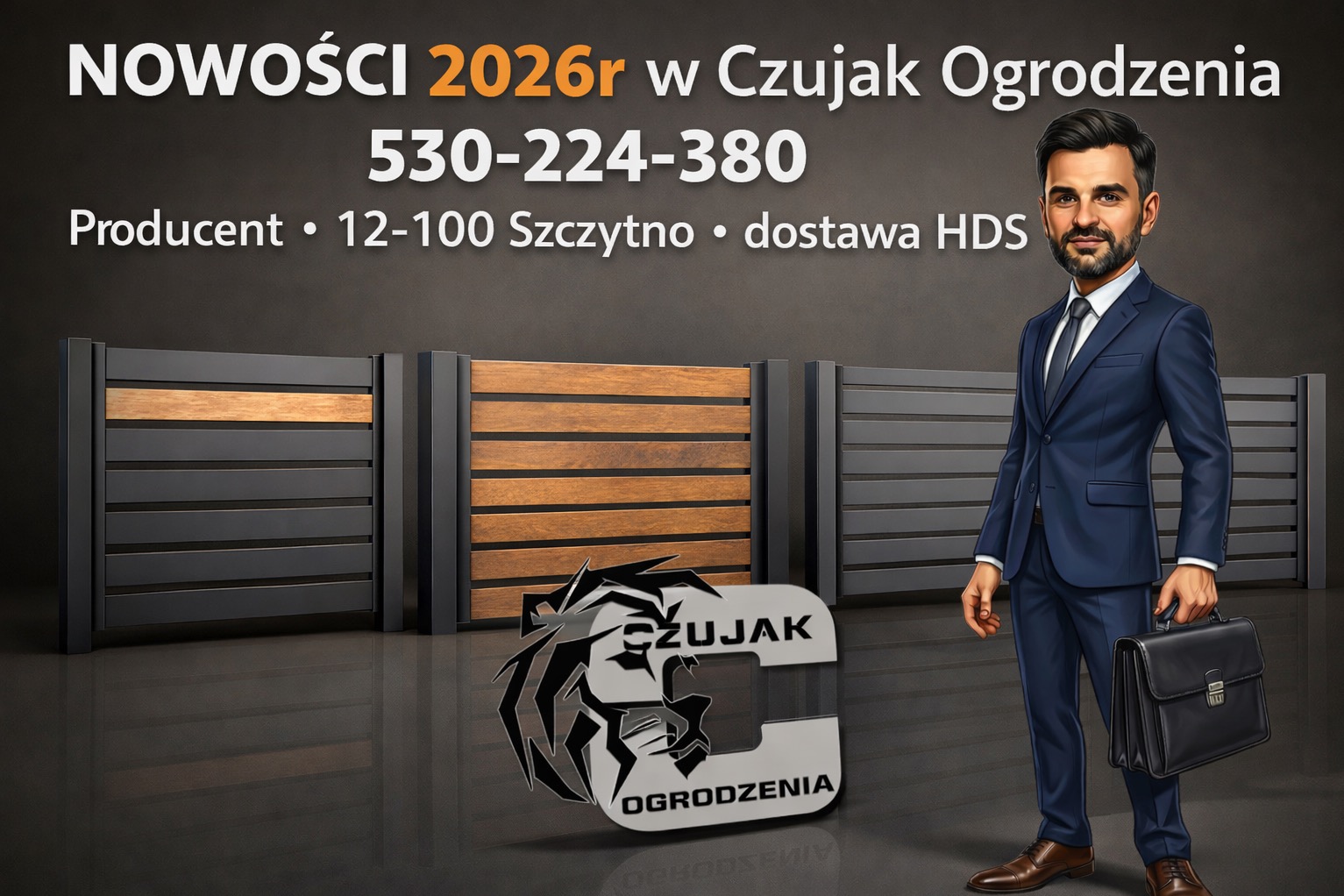 Grafika reklamowa: nowoczesne ogrodzenia panelowe z drewnianymi akcentami, logo firmy 'Czujak Ogrodzenia', kontakt telefoniczny i postać w garniturze z aktówką.