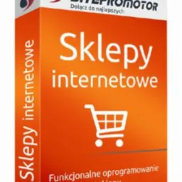 Pudełko z gradientem pomarańczowo-białym, z napisem 'Sklepy internetowe' i ikoną wózka sklepowego oraz logo 'SITEPROMOTOR' u góry.