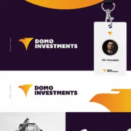 Wizualizacja marki Domo Investments na różnych nośnikach: laptop, wizytówki, smycz, kubek, telefon, billboard z hasłem 'mieszkanie?'