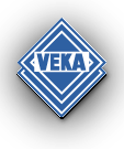 Logo firmy VEKA w kolorze niebieskim na czarnym tle, otoczone białym obrysem.