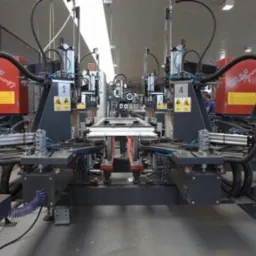 Automatyczna linia produkcyjna do zgrzewania profili okiennych z czterema głowicami, z numerami 1 i 4 widocznymi na maszynach, w hali fabrycznej.