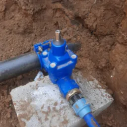 Niebieski zawór z rurami, częściowo zakopany w ziemi, oparty na betonowym bloczku, widok z góry.
