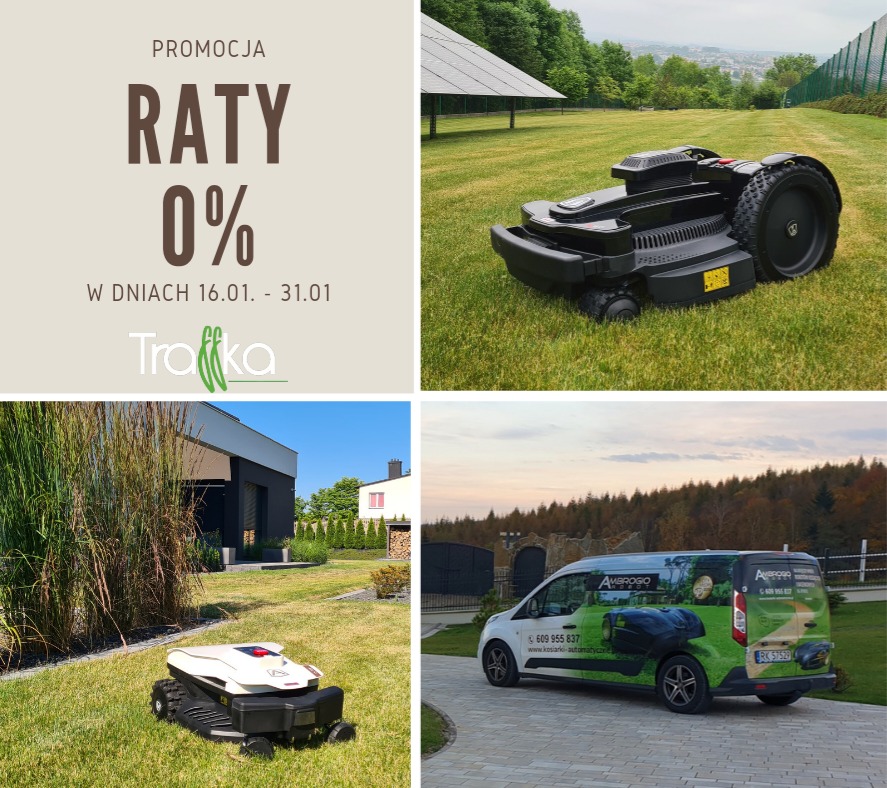 Kompozycja zdjęć prezentująca roboty koszące: czarny robot na trawniku z panelami słonecznymi w tle, biały robot koszący na trawie przed nowoczesnym domem, oraz samochód firmowy z grafiką robota...