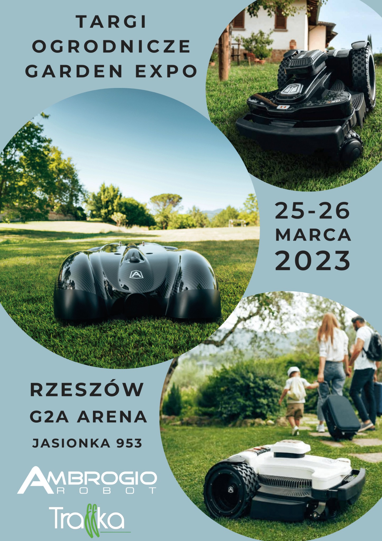 Plakat reklamowy targów ogrodniczych Garden Expo, prezentujący czarnego i białego robota koszącego Ambrogio, z datą 25-26 Marca 2023 w Rzeszowie, G2A Arena, Jasionka 953, Łężany.