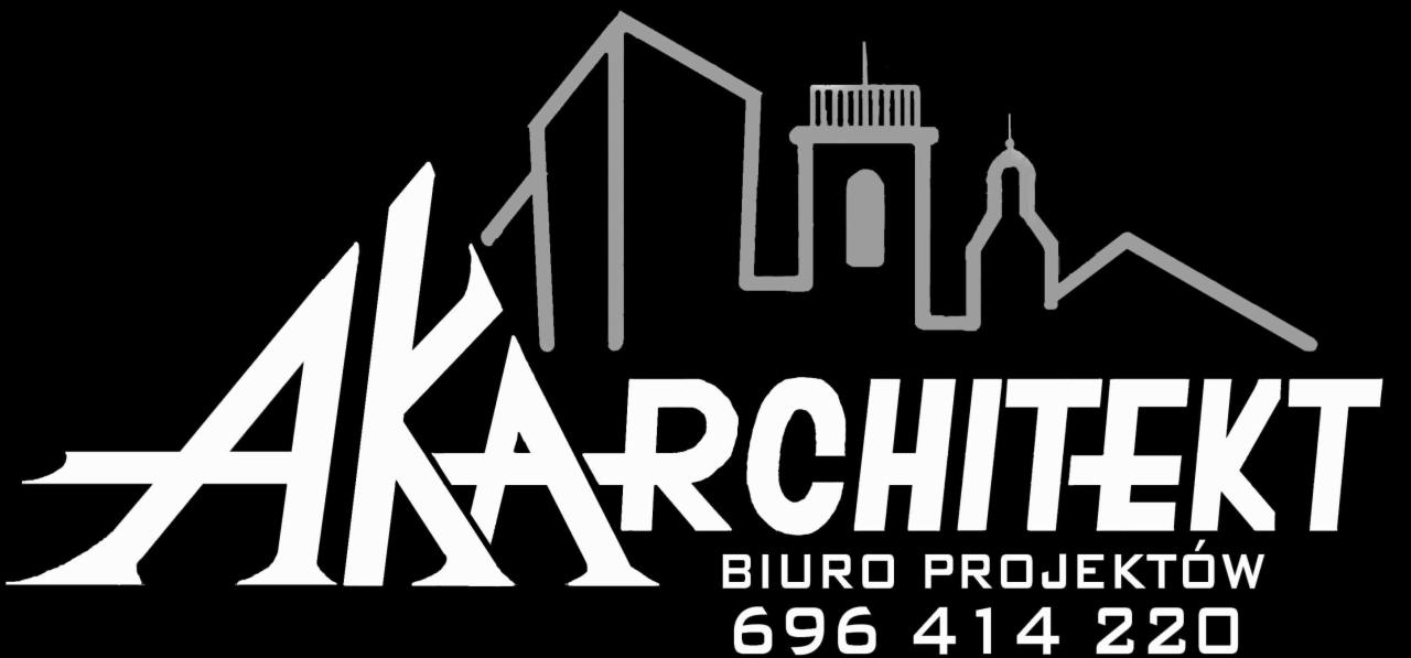 Logo biura projektów AK Architekt z sylwetką budynków w tle, numer telefonu i dopiskiem biuro projektów.