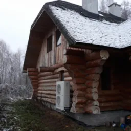 Biała jednostka zewnętrzna pompy ciepła zamontowana przy drewnianym domu z bali w zimowej scenerii, widoczne ślady śniegu na dachu i ziemi.