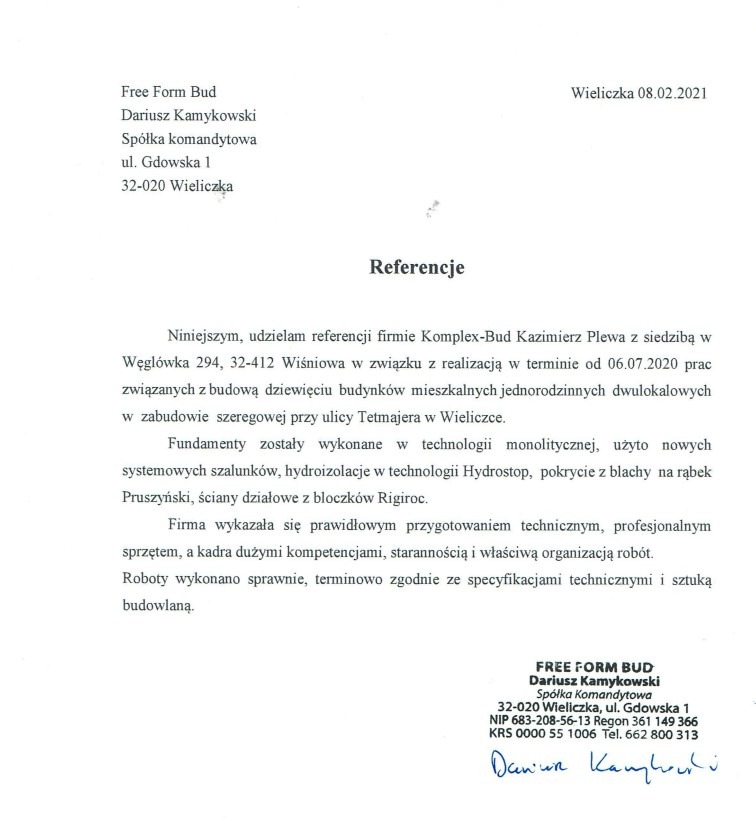 Skan dokumentu referencyjnego dla firmy budowlanej Free Form Bud z Wieliczki, wystawionego 08.02.2021, potwierdzającego realizację budowy dziewięciu budynków mieszkalnych jednorodzinnych...