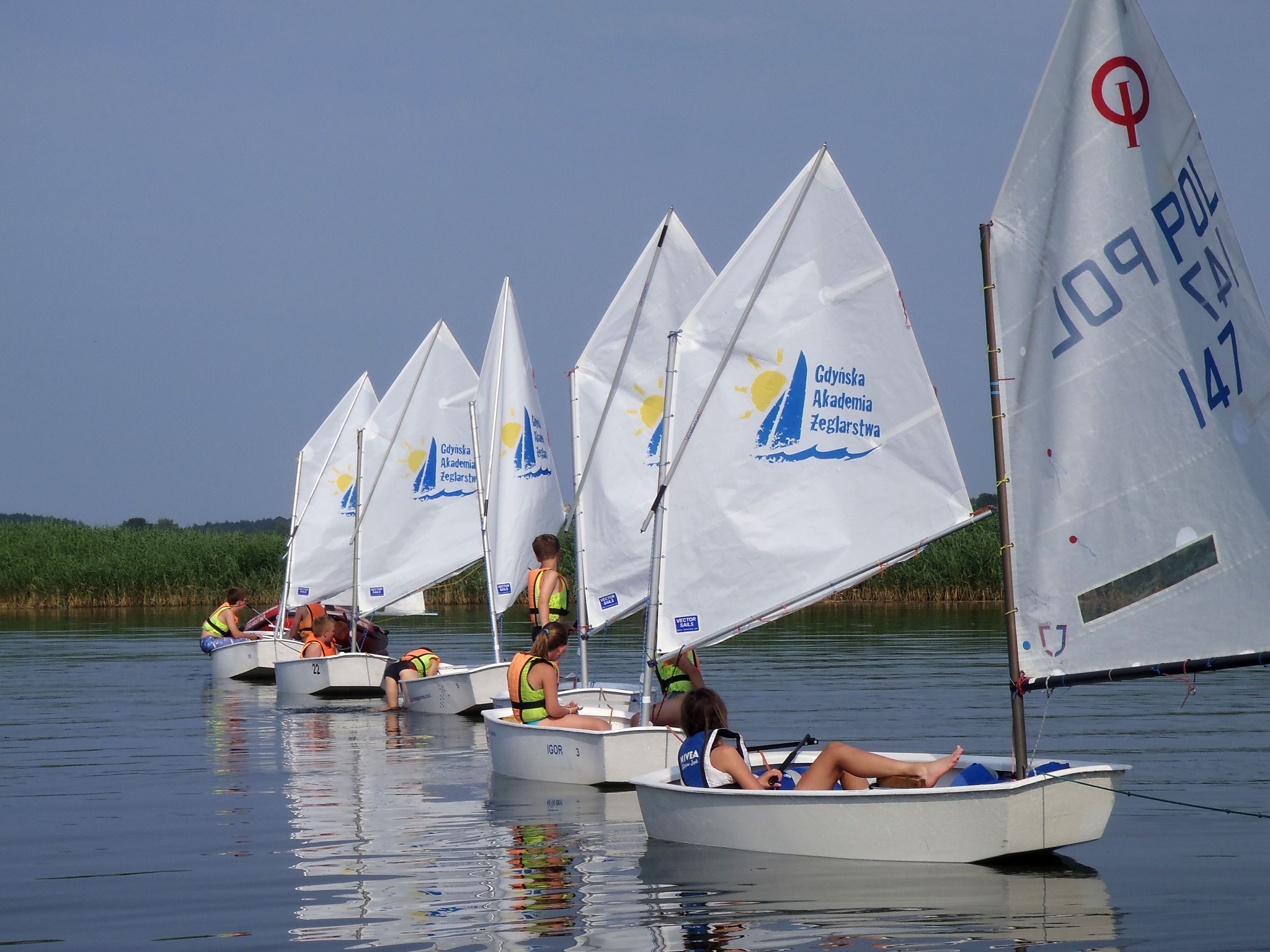 Szereg białych łódek żaglowych z logo Gdyńskiej Akademii Żeglarstwa, z młodzieżą w kamizelkach ratunkowych, płynących po spokojnej wodzie w słoneczny dzień.