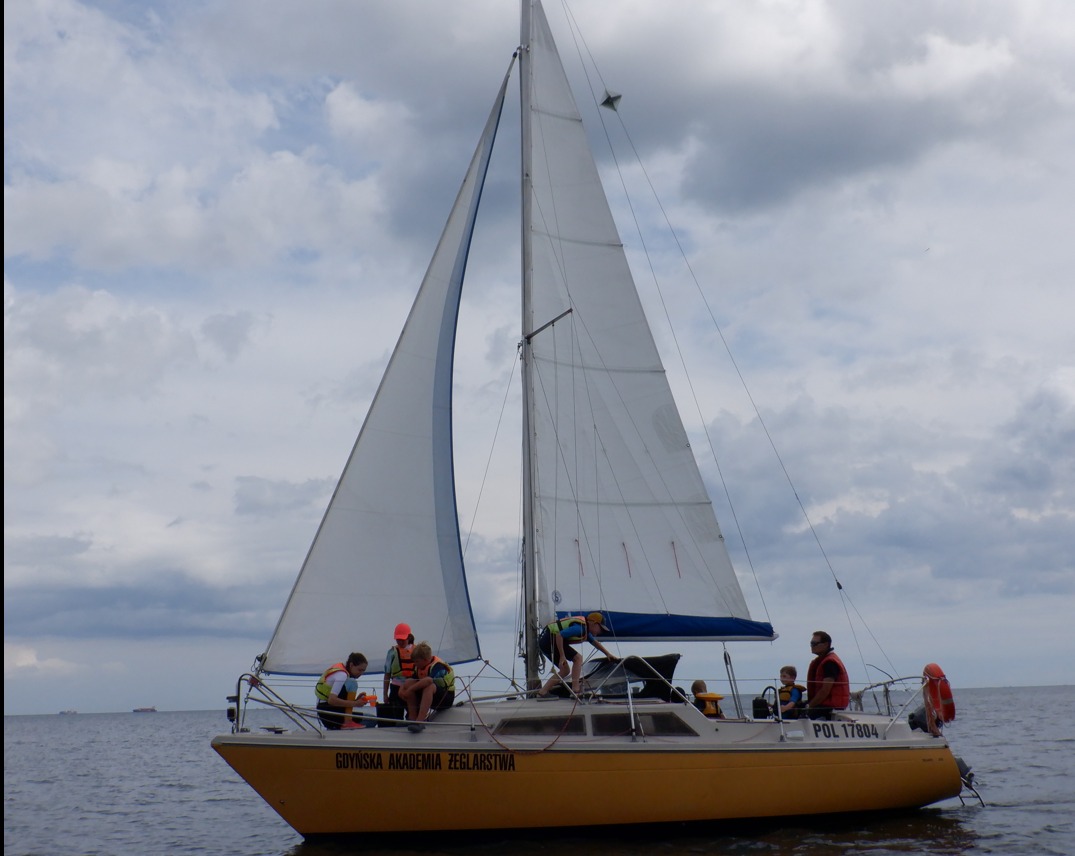 Żółty jacht żaglowy z grupą osób w kamizelkach ratunkowych na pokładzie, płynący po spokojnej wodzie pod pochmurnym niebem.