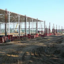 Konstrukcja stalowa hali w trakcie budowy, widoczne szalunki fundamentowe i zbrojenie pionowe, teren budowy z licznymi śladami opon.