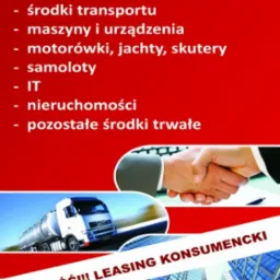 Grafika reklamowa firmy Leasing-Experts oferującej leasing środk&oacute;w transportu, maszyn, nieruchomości i IT, z ilustracjami ciężar&oacute;wki, samolotu i kabrioletu.