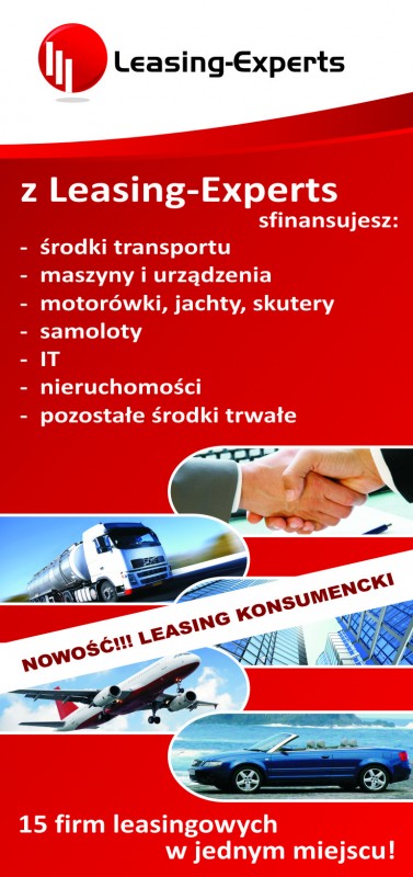 Grafika reklamowa firmy Leasing-Experts oferującej leasing środków transportu, maszyn, nieruchomości i IT, z ilustracjami ciężarówki, samolotu i kabrioletu.