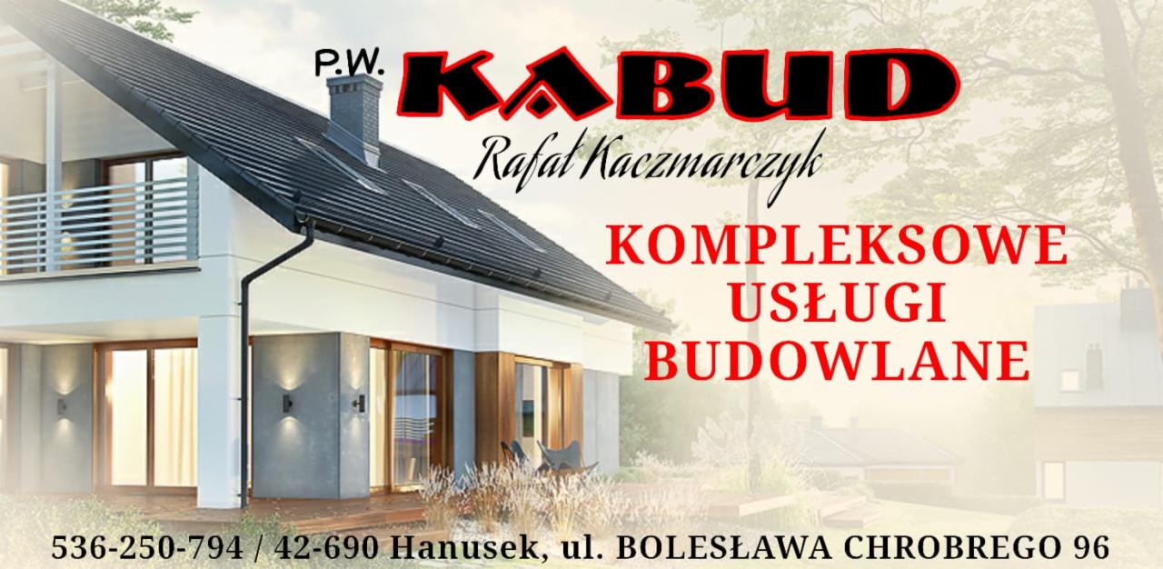 Wizualizacja domu jednorodzinnego z logo firmy budowlanej z Hanuska, oferującej kompleksowe usługi budowlane.