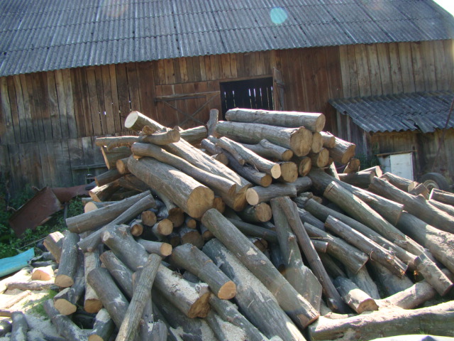 Stos pociętych kawałków drewna ułożonych przed drewnianym budynkiem gospodarczym z szarym dachem z eternitu.