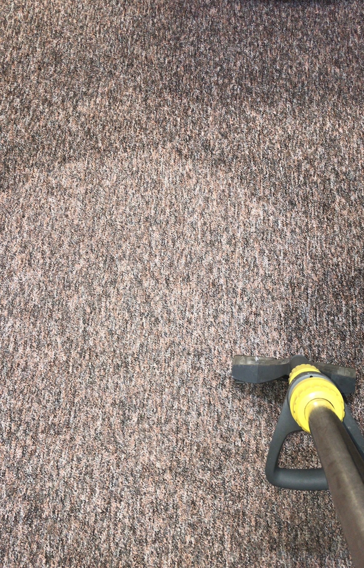 Dywan z brązowej przędzy czyszczony odkurzaczem piorącym. Widoczna różnica w kolorze po czyszczeniu. Ujęcie z góry, z bliska na strukturę dywanu.