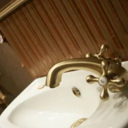 Biała umywalka z mosiężną baterią w stylu retro, na tle ściany z dekoracyjną tapetą w odcieniach brązu i złota, widoczny fragment ozdobnego wieszaka na ręcznik w kształcie słońca.