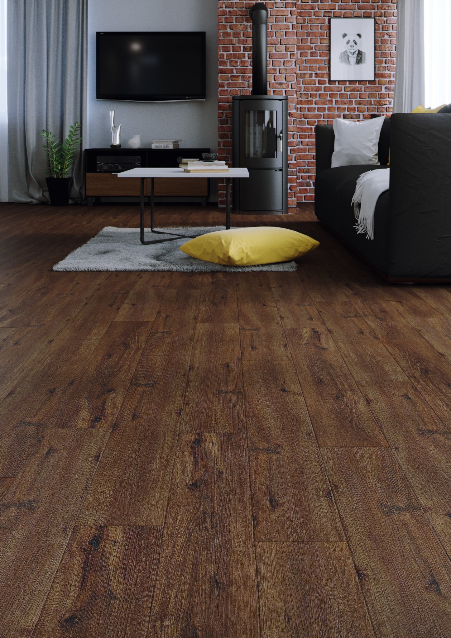 Ciemna podłoga winylowa ARBITON Orzech Nevada w salonie z ceglaną ścianą, kominkiem i szarą sofą.