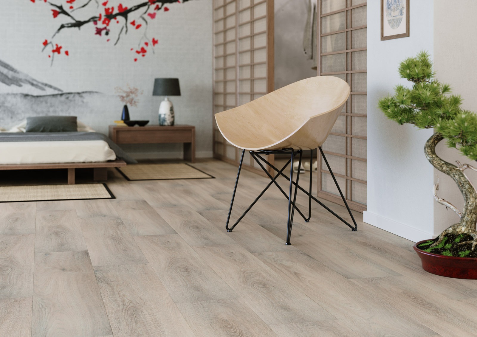 Jasna podłoga winylowa z wzorem drewna dębowego w japońskim stylu, z widocznym krzesłem z jasnego drewna na czarnych nogach, bonsai i parawanem.