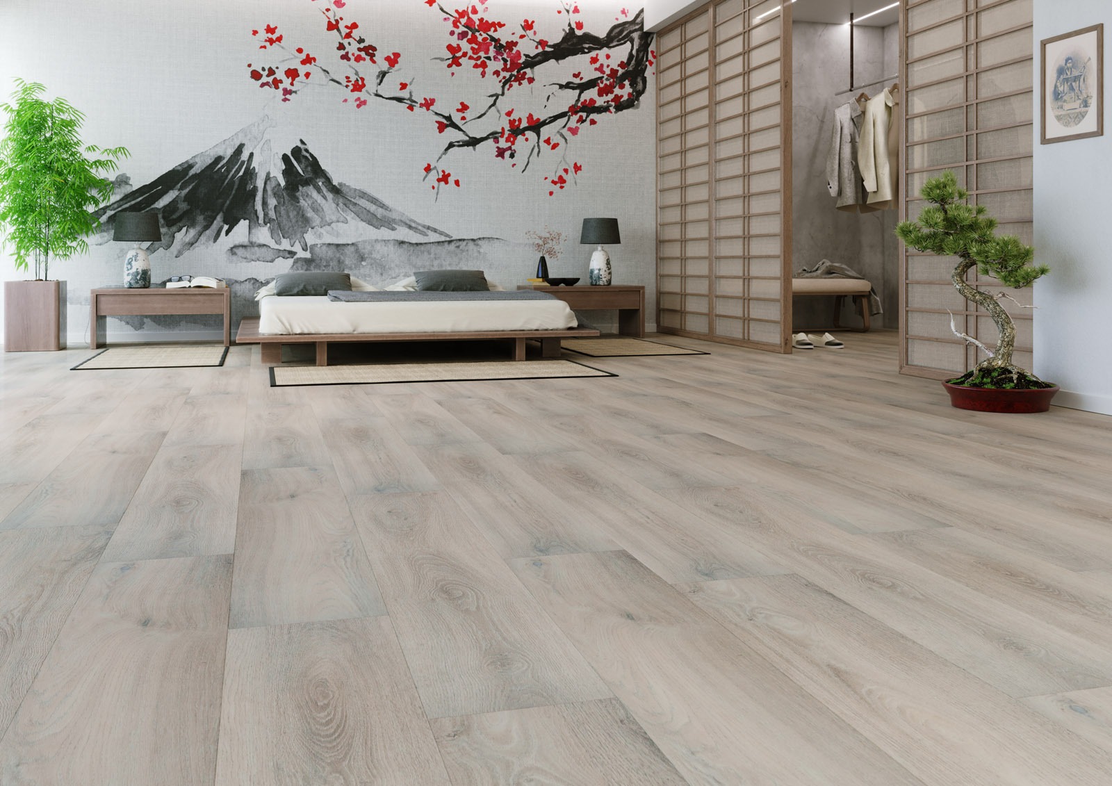 Jasna podłoga winylowa imitująca drewno, ułożona w pokoju z motywem japońskim, widoczny fragment łóżka, szafki nocnej, przesuwanych drzwi i drzewka bonsai.