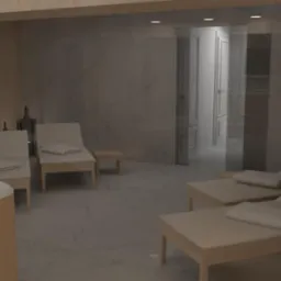 Projekt wnętrza łazienki z drewnianymi akcentami, marmurowymi ścianami, dwoma leżankami z ręcznikami, wanną z hydromasażem i bukietem tulipanów na drewnianym blacie.